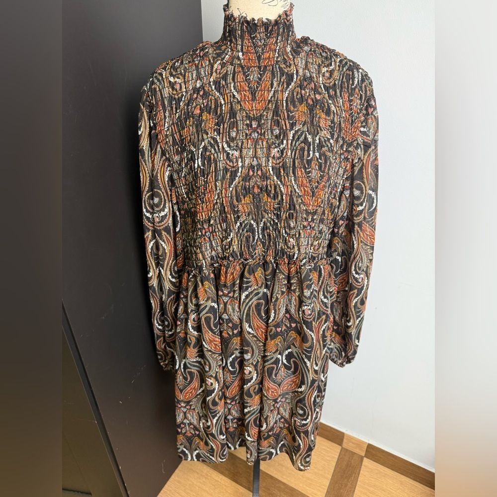 Misa Jessa Mini Dress In Brown Paisley Print Metallic Threads Nwt Size Xl